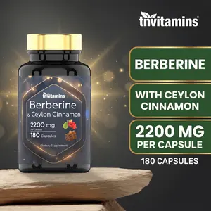 Berberine with Ceylon Cinnamon: 2200 mg Per Capsule - 180 Capsules | Natural Berberine Supplement for Cardiovasular & Circulatory System Health* | 6 Month Supply | Made in The USA!