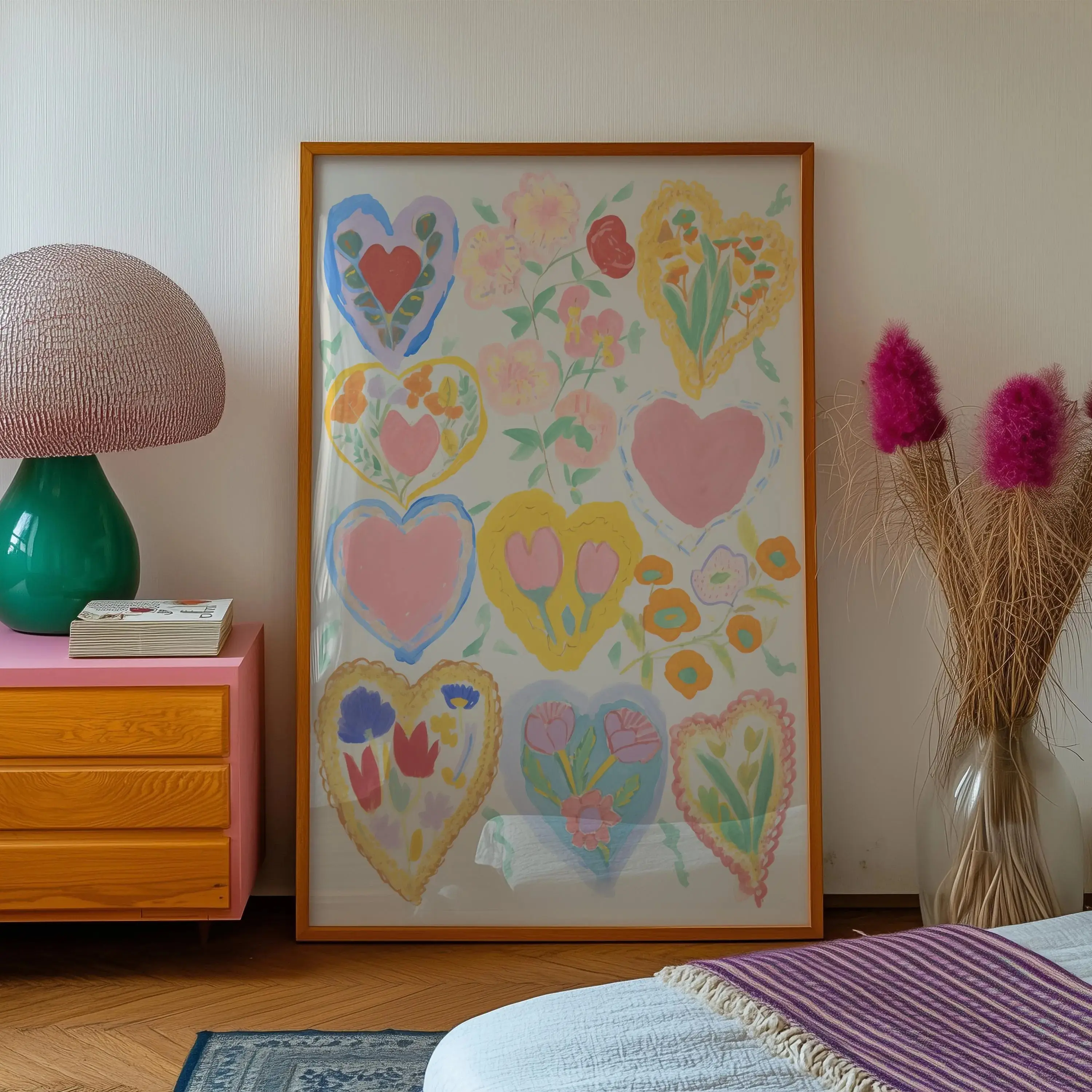 Vintage Watercolor Hearts Print Unframed : Colorful Nursery Wall Art