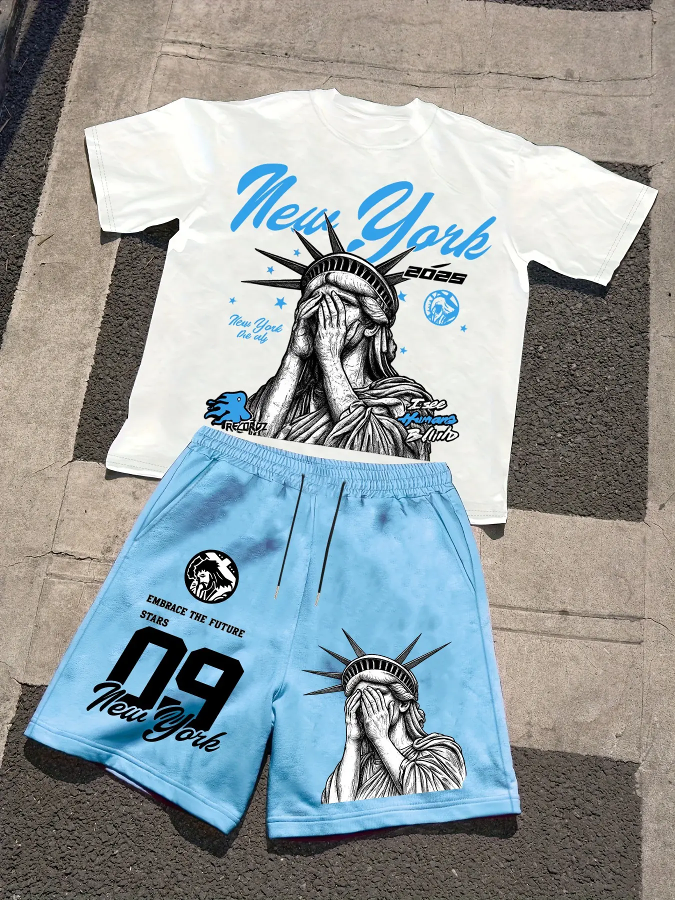 Men's 2-Piece New York Statue of Liberty Geometric Graphic T-Shirt & Shorts Set, Casual Streetwear Aesthetic Menswear