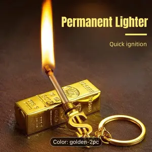 EMBERLOCK: Golden Flame Permanent Lighter 2-Pack Windproof Battery-Free Metal Igniter Quick Ignition.