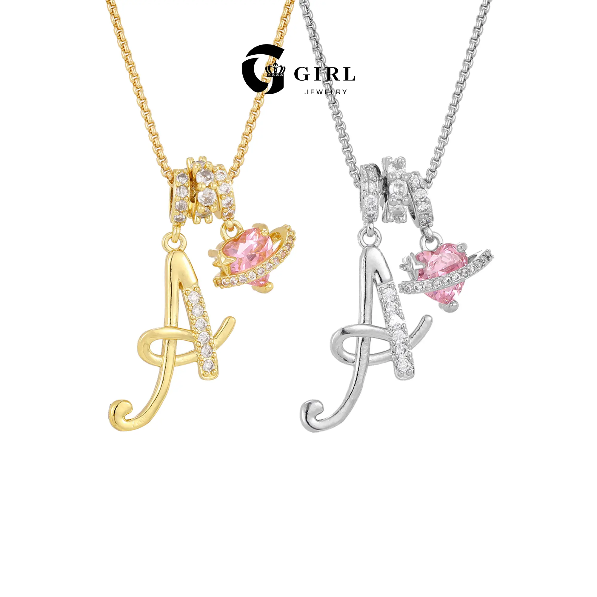GGIRL Initial Heart Necklace for Women Pink Cubic Zirconia Pendant Letter Diamond 18K Gold Plated Unique Design Fashion All-Match Jewelry Gifts for Daily Summer Beach Parties Holiday Birthdays Anniversaries Summerwins Various Festivals Occasions