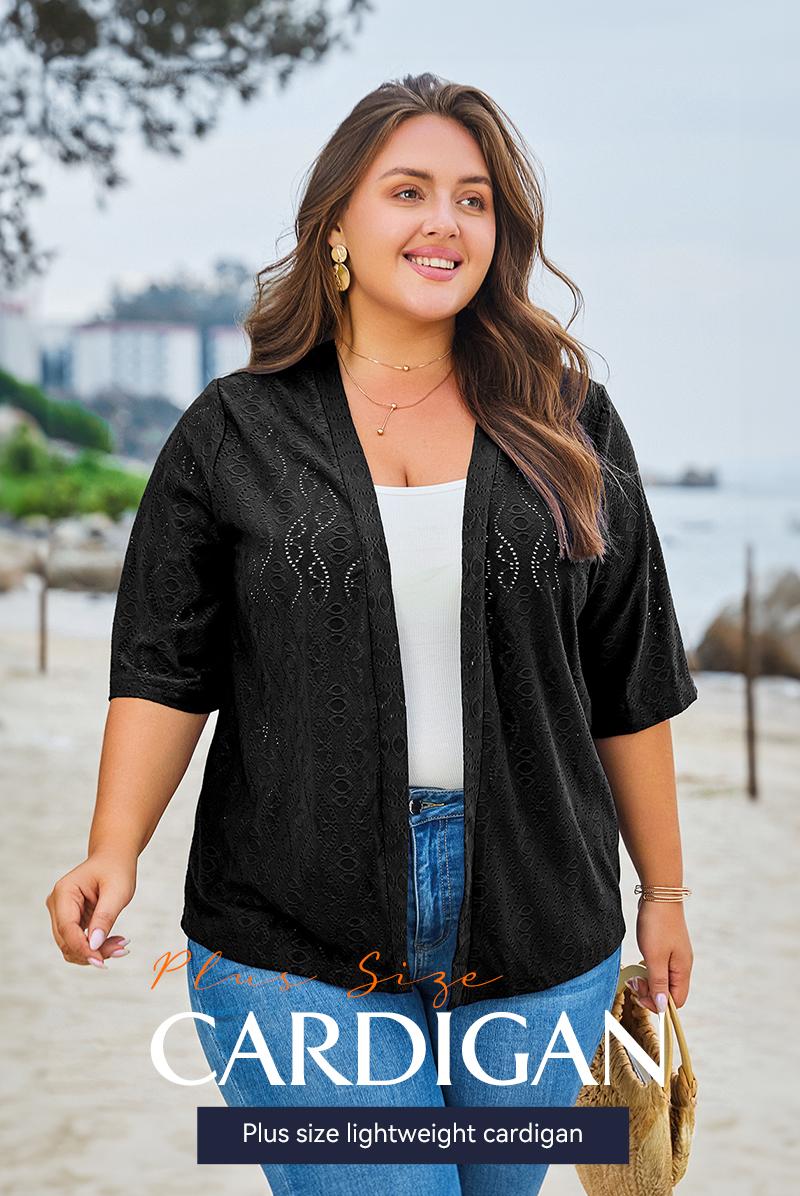 Eytino Plus Size Cardigan for Women Half Sleeve Knitted Jacquard Summer Kimono Cover up Tops(1X-5X)