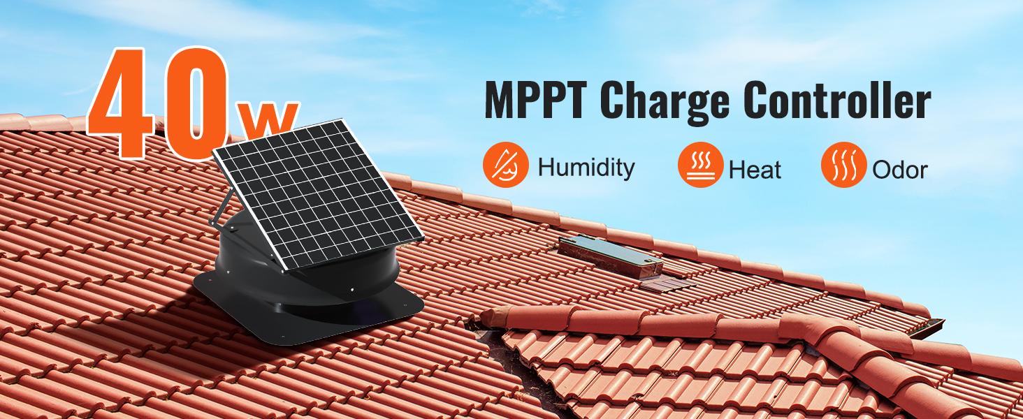 VEVOR Solar Attic Fan, TikTokShopBlackFriday, 40 W, 1230 CFM Large Air Flow Solar Roof Vent Fan, Low Noise and Weatherproof with 110V Smart Adapter, Ideal for Home, Greenhouse, Garage, Shop, RV, FCC Listed