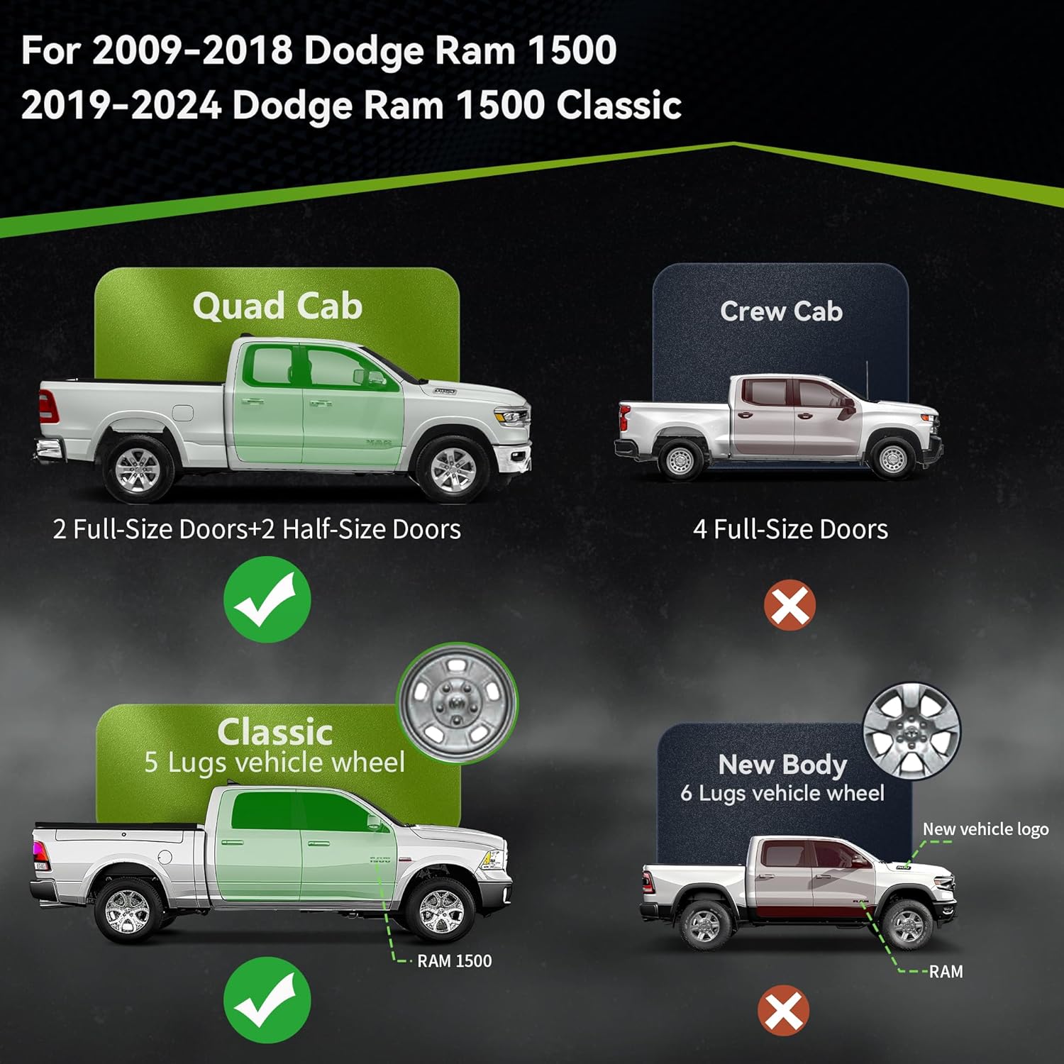 YITAMOTOR Drop Side Steps Compatible with 2009-2018 Dodge RAM 1500, 2019-2024 Ram 1500 Classic Quad Cab, Off-Road Running Boards, Black Powder Coated Nerf Bars