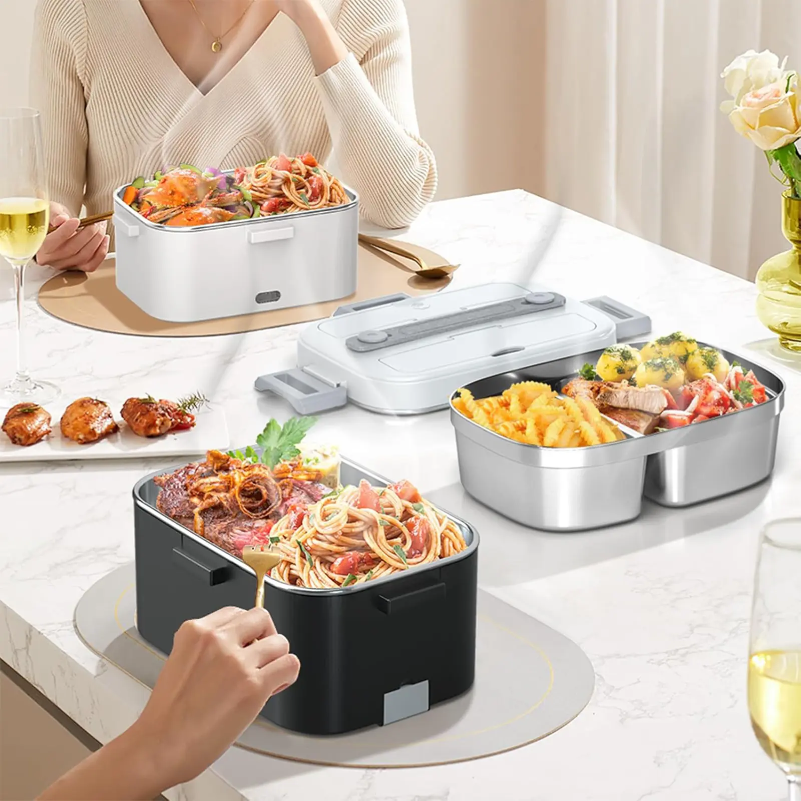Fast Heating Electric Lunch Box, Leakproof Stainless Steel Portable Food Heater with Silicone Lid, Tray, Insulated Carry Bag, Spoon & Fork for Camping Picnic Office Use, Thermal,back to school,back to school haul