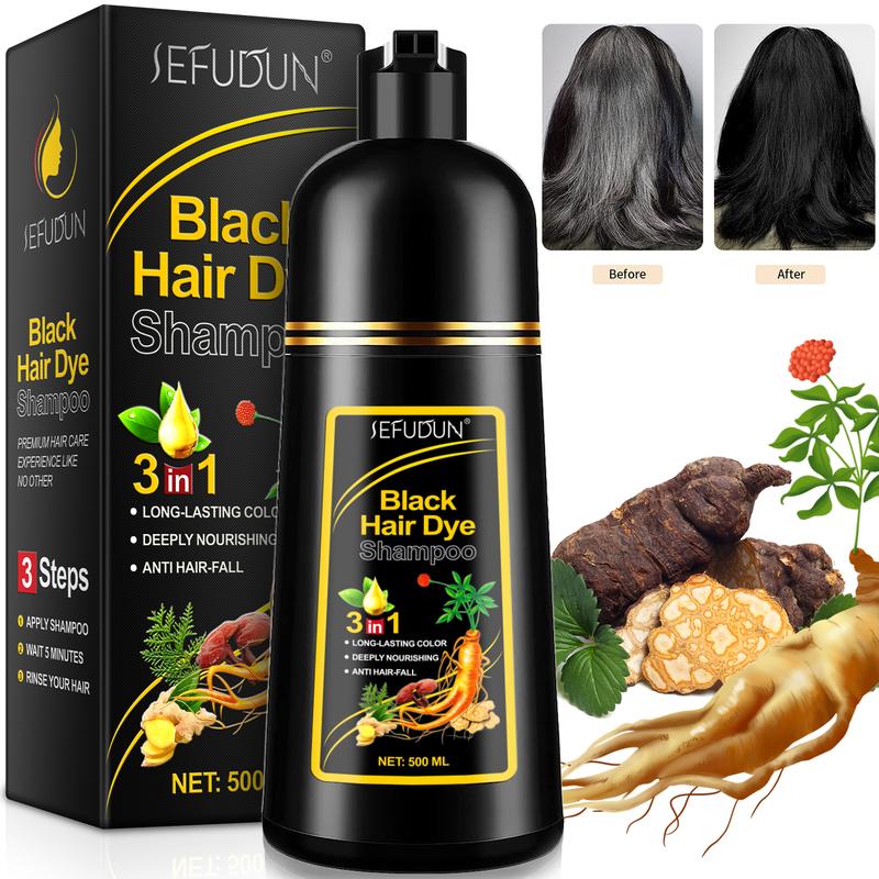 SEFUDUN Black Hair Dye Shampoo 3-in-1 Semi-Permanent Gray Hair Coverage for Men & Women Herbal Instant Hair Color Shampoo Long-Lasting Dark Color 500ML