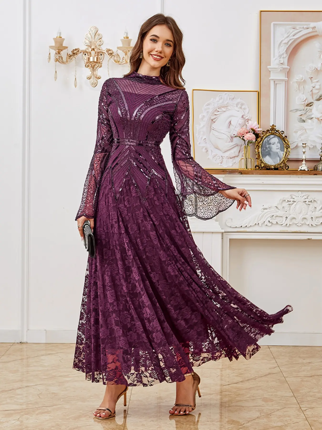 Purple sequin pearl long gown embellished dress, floor-length design with long sleeves and high neck, crafted from lace fabric, perfect for formal evening wear, Dresses for party, ideal for weddings, ball occasions, Lady Womenswear