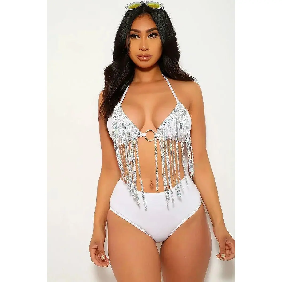 White Fringe Sequins Two Piece Swimsuit