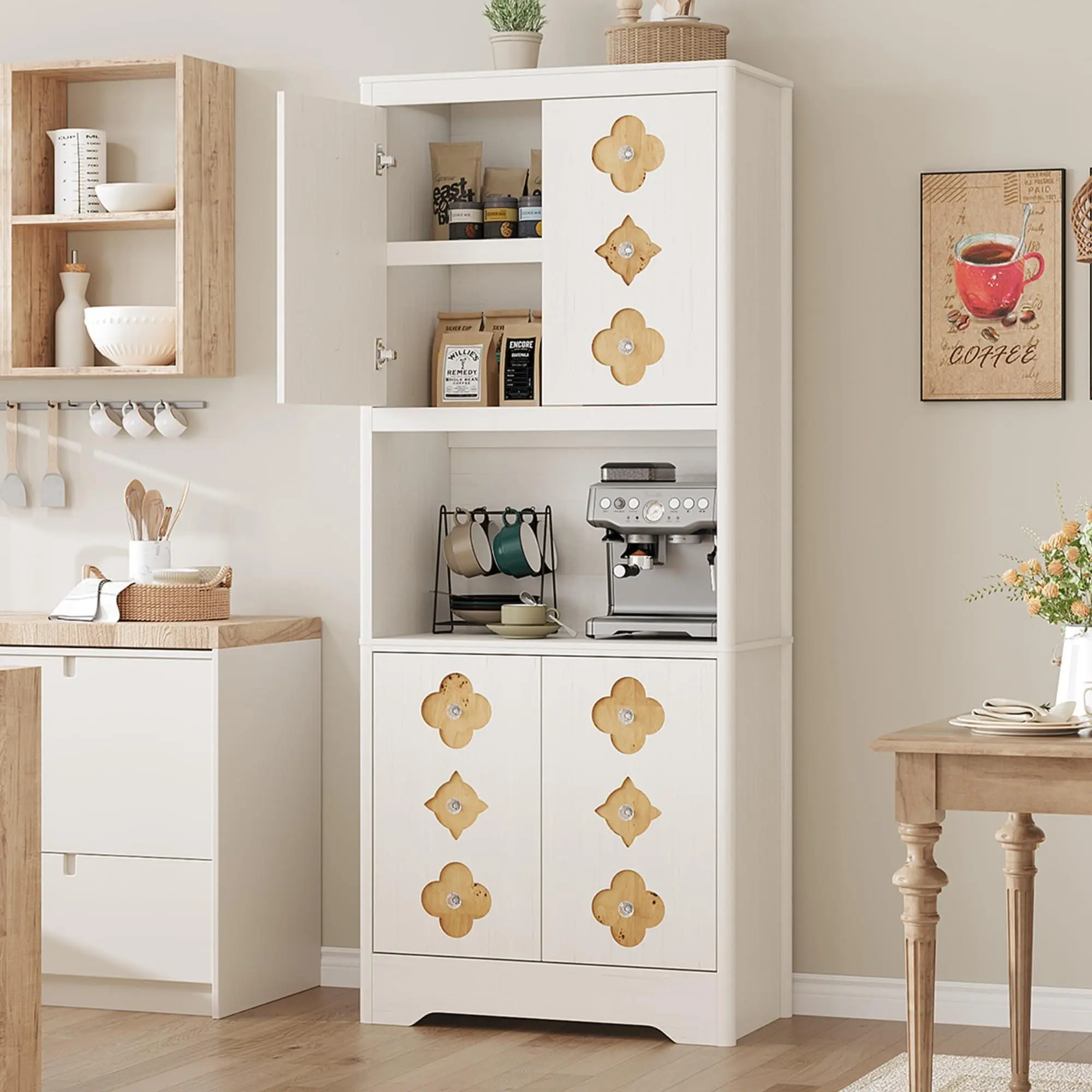 Gaomon 72in Tall Antique White Mid-Century Modern Wood Kitchen Pantry Cabinet - Freestanding Cupboard with Microwave Shelf, Carved Flower Doors, Crystal Handles, Sturdy Base, Easy Assembly for Dining Room