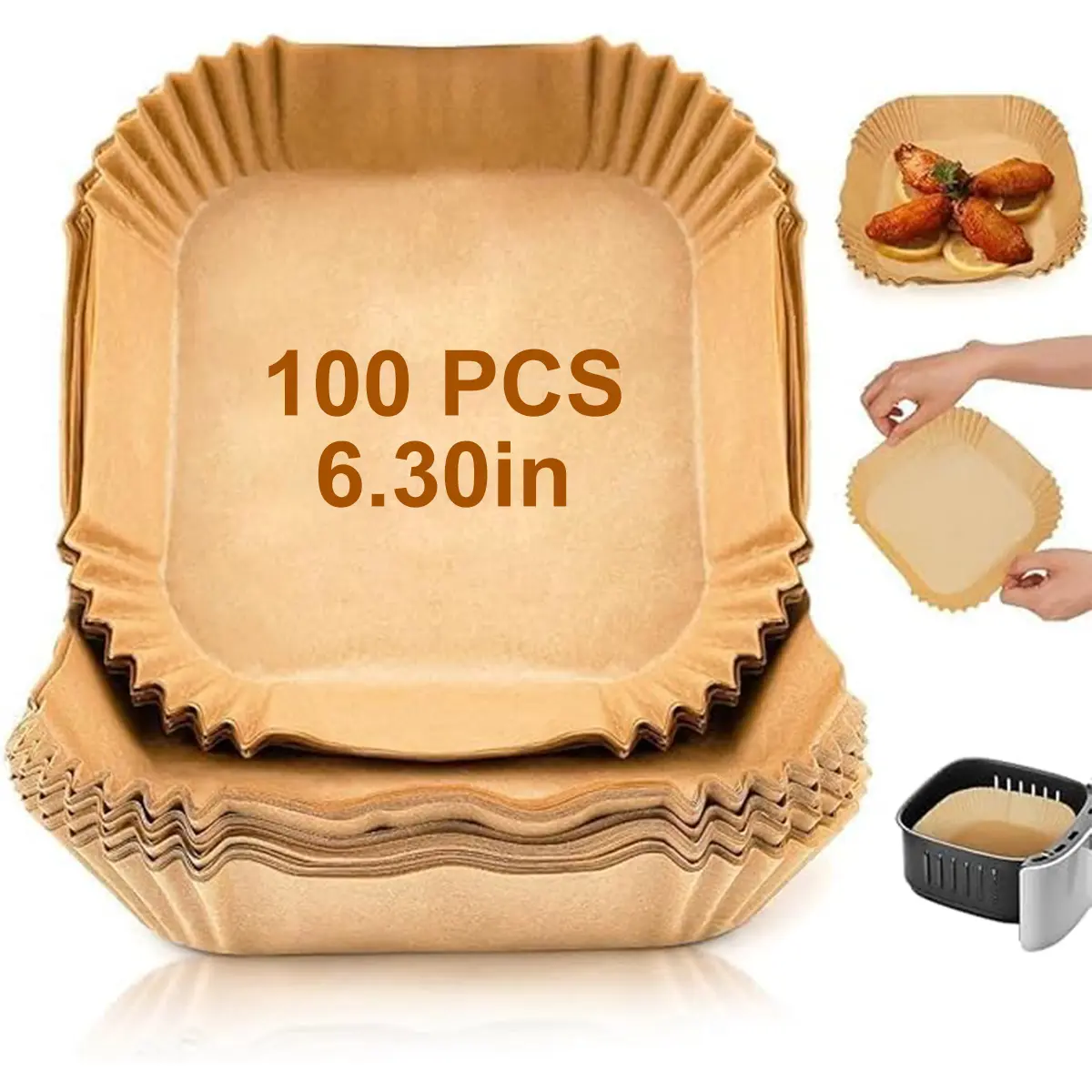 Air Fryer Paper Liners, 100Pcs Parchment Paper, Air Fryer Liners Disposable for Microwave, Non-Stick Air Fryer Liner Square Free of Bleach (6.3IN) Baking Supplies Kit Bakeware