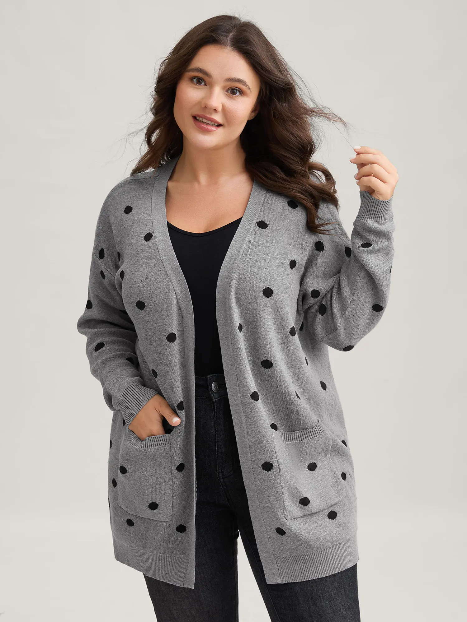 BloomChic Women's Casual Polka Dot Knit Longline Cardigan, Cozy Tunic Length Open Front Sweater with Drop Shoulders and Pockets, Knitting, Casual Cozy Pullover, Indigo, Knitwear, Lady, Sleeve, Tops, Casual Wear