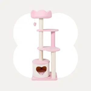 Happy & Polly Lovely Heart Cat Tree - Sweet Heart Design Dreamy Pink Style Enclosing Soft Bed Scratching Posts Plush Platforms Hanging Heart Toy
