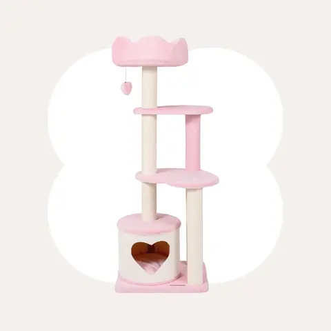 Happy & Polly Sweet Heart Design Cat Tree - 3-4 Levels, Blush Pink Plush Fabric, Plush Platforms, Enclosing Soft Bed, Claw-Safe Scratching Posts, Built-in Hanging Heart Toy, Wide View Top, Single Unit for Play & Rest, Cozy Retreat for Daily Play