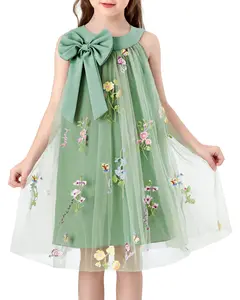 Flower Girl Dress Halter Neck Sleeveless Kids Dresses Collar Bow Embroidery Tulle Dress for Wedding Party Birthday