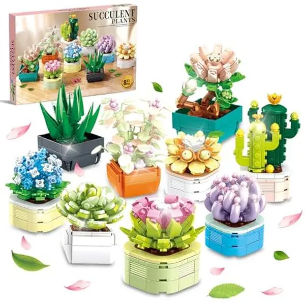 Jyrue 9-Pack Tiny Flower Succulents Building Set, 832PCS Botanical Collection Compatible with Lego, Artificial Plant Decor for Home/Office, Creative Building Toy Gift for Girls Ages 6+