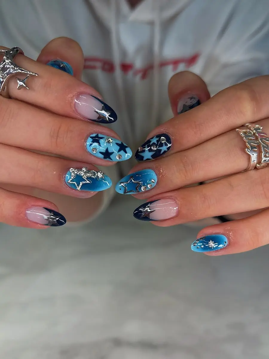 Blue Galaxy Press-On Nails  | 3D Stars, Sparkle & Celestial Nail Art | FREE Adhesive Tabs FREE Nail File FREE Cuticle Stick