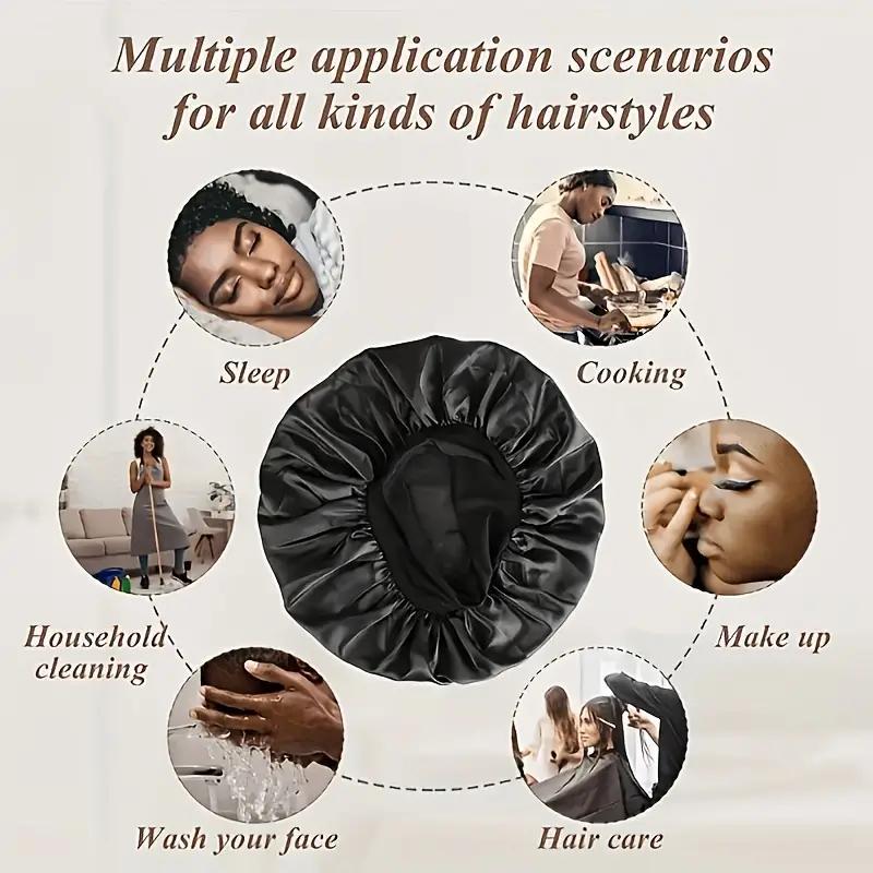 Luxury Satin Shower Cap Waterproof Double Layer Bonnet with Adjustable Elastic for Frizz Control Night Sleep & Hair Protection in Red Pink Black & Navy