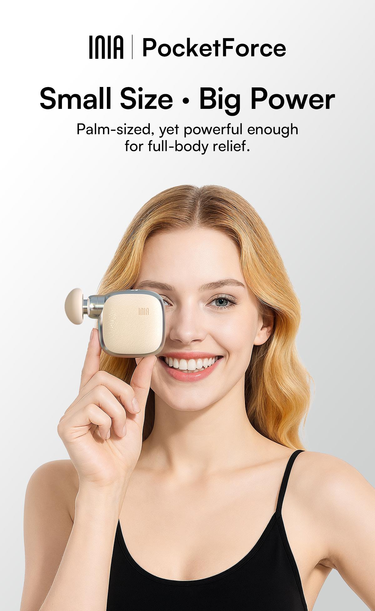 INIA PocketForce Palm-Sized Massage Gun – Portable Deep Tissue Massager with 3000 Percussions/Min, 7mm Stroke Depth & 10 lbs Force, Ultra-Quiet <48dB, 3 Heads & 4 Speeds, USB Rechargeable Travel Companion Gift Set