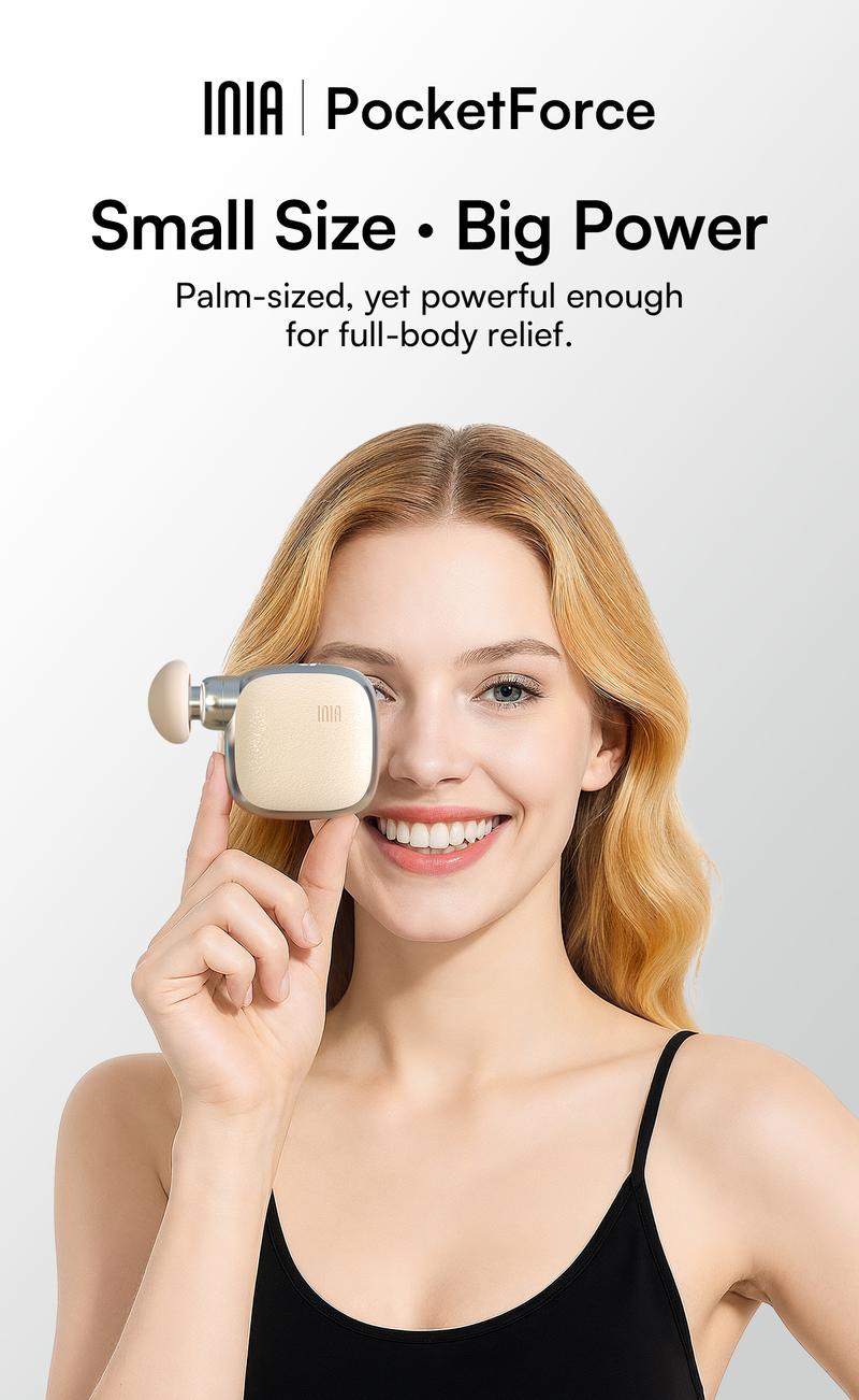 INIA PocketForce Palm-Sized Massage Gun – Portable Deep Tissue Massager with 3000 Percussions/Min, 7mm Stroke Depth & 10 lbs Force, Ultra-Quiet <48dB, 3 Heads & 4 Speeds, USB Rechargeable Travel Companion Gift Set