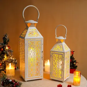 Set of 2 Vintage Candle Lanterns 19"&14''H Decorative Metal Candle Holders with Hollow Pattern for Garden Porch Shelf Indoor Outdoor Parties Weddings Patio(White Brushed Gold)
