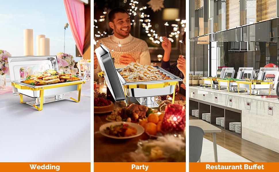 ROVSUN Chafing Dishes for Buffet 2/4/6/8 Pack, 9QT Chafing Dish Buffet Set with Glass Lid, Stainless Steel Buffet Servers and Warmers with Folding Frame for Party Wedding Catering Event, Gold & Silver SpringStatements
