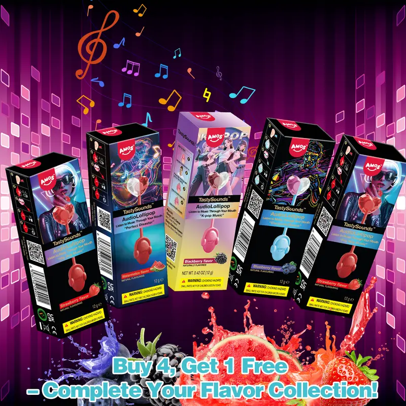 Amos TastySounds Music Lollipops – Sugar-free heart-shaped candies with bone conduction music tech | K-pop inspired Strawberry, Blueberry, Watermelon, Blackberry Fallontonight lollipop star