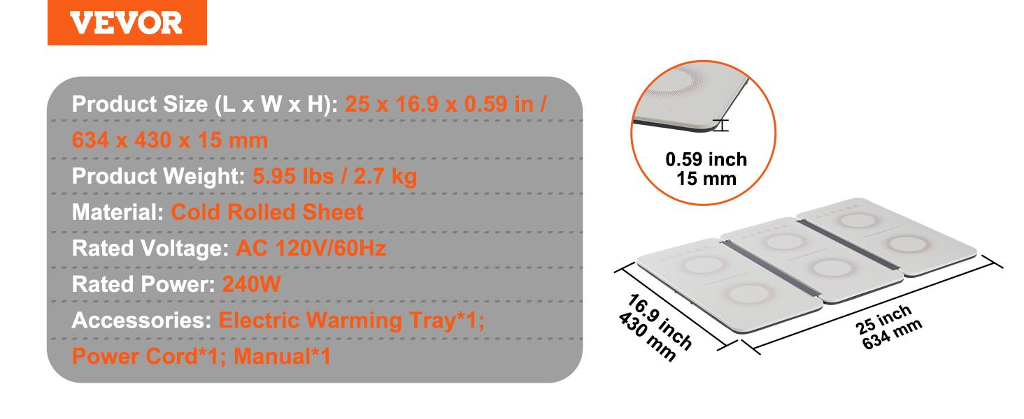 VEVOR Electric Warming Tray, 18.9" x 10.2" Portable Cold Rolled Sheet Heating Tray with Temperature Control (35-100℃), Perfect for Catering, House, Parties, Events, Entertaining and Holiday, White