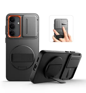 SURITCH for Samsung Galaxy S25 FE Case with 360° Rotatable Hand Strap Phone Grip & Invisible Kickstand & Slide Camera Cover, Rugged Shockproof Protective Cover for S25 FE