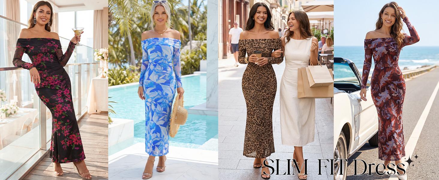 MEROKEETY Women's Fall Off Shoulder Floral Maxi Dresses Formal Long Sleeve Bodycon Cocktail Wedding Guest Dress