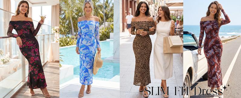 MEROKEETY Women's Fall Off Shoulder Floral Maxi Dresses Formal Long Sleeve Bodycon Cocktail Wedding Guest Dress