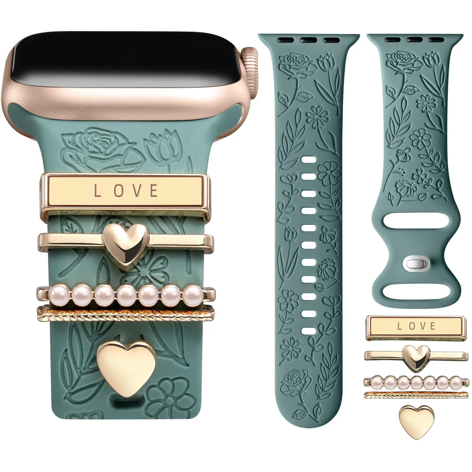 BROULIT Floral Engraved Silicone Band for Apple Watch – Soft Adjustable Strap with Decorative Charms, Stylish Women’s Watch Band Compatible with iWatch Series 11–1 & SE (38mm–42mm),back to school,back to school haul