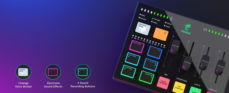 TONOR TX310 Gaming Audio Interface, RGB Mixer with Pro-preamp, 6.5mm & XLR Channels, Support for Instrument Input, for Gaming & Live Streaming