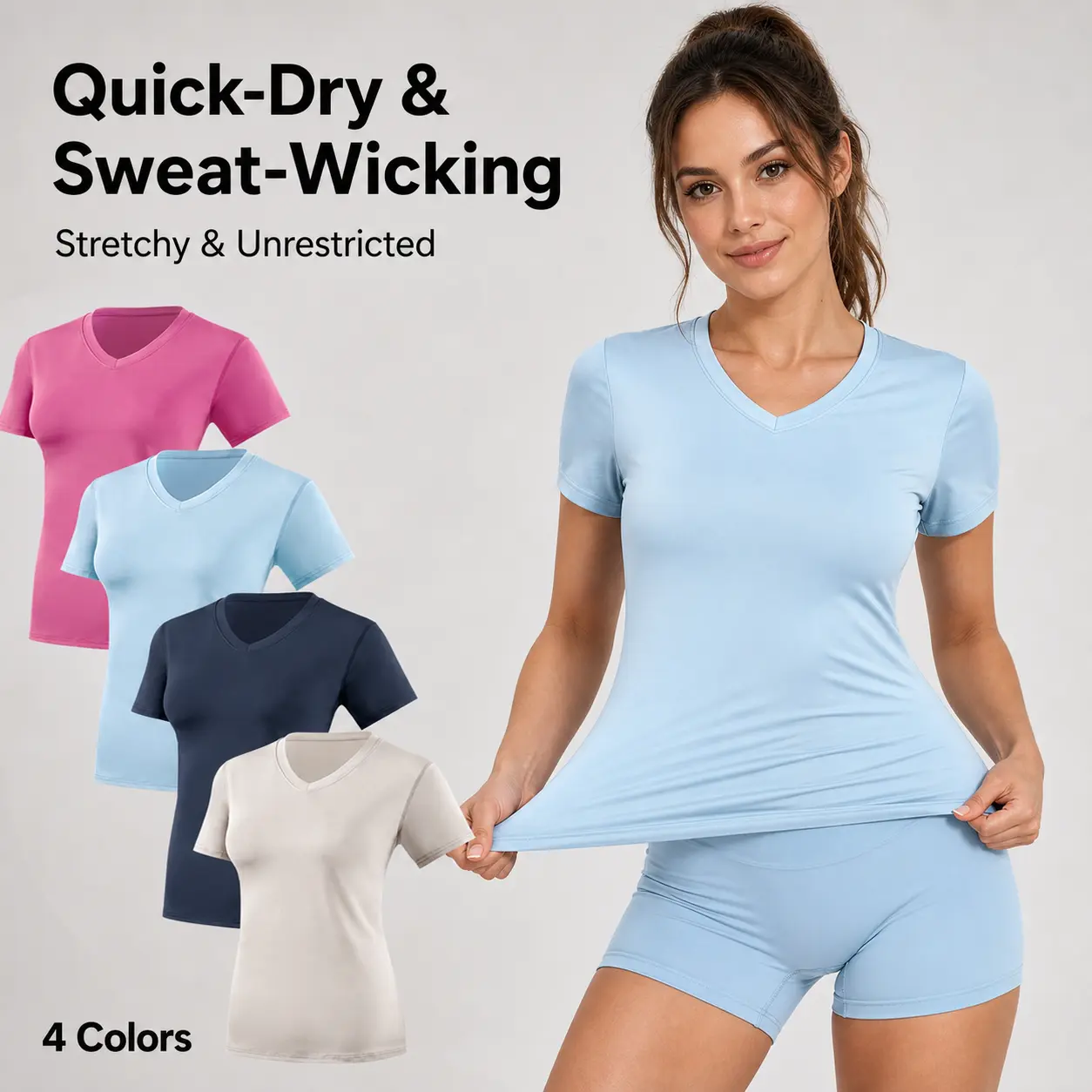 Women's 4-Pieces Quick-Dry Short Sleeve V-Neck T-Shirts, Female Workout Fitness/Yoga Sports Tops