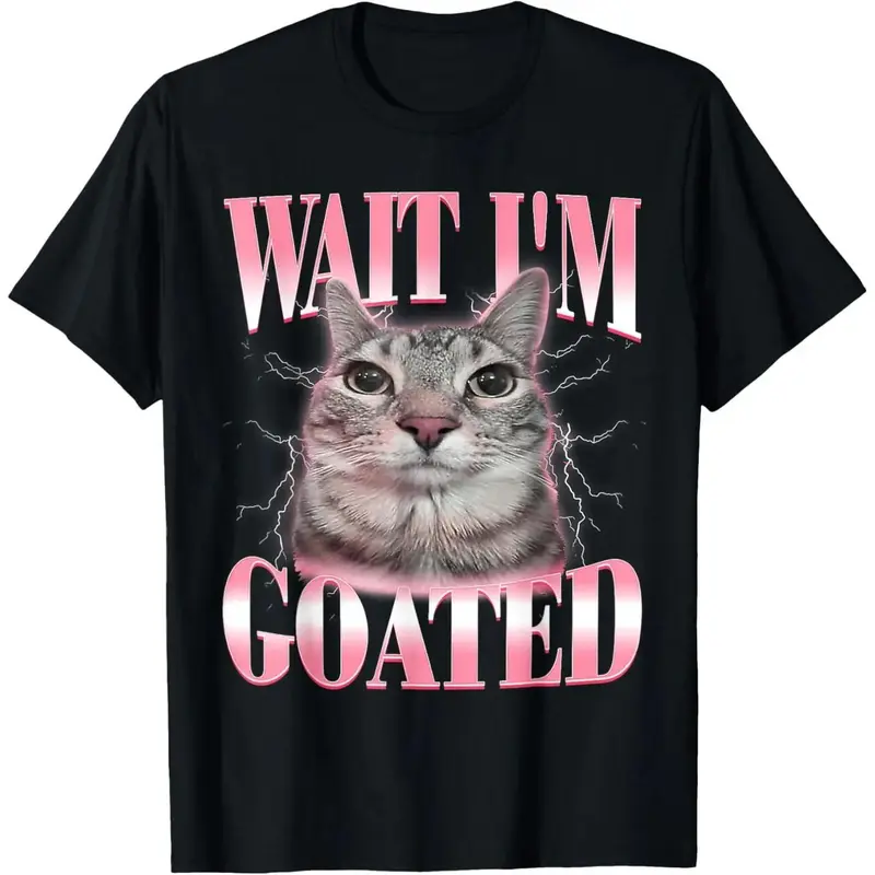 Women's Slim Fit Short-Sleeve Crew Neck Breathable Soft Comfortable Fabric Meme Tee - Humorous Silly Cat Brainrot "Wait I'm Goated" Meme-Ready Everyday Streetwear Essential Casual Top