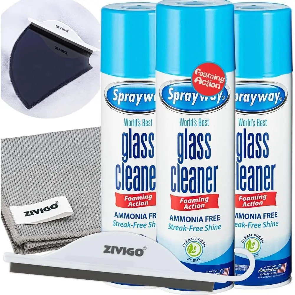 Household Foam Action Glass Cleaner Spray, 19 Fl Oz (3 Pack) - 1 Lint-Free Microfiber Cleaning Cloth, 1 Window Squeegee Included