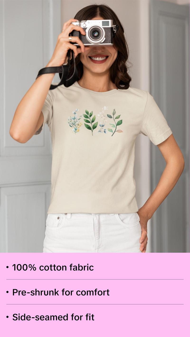 Teal and Green Leaves Tee Design on Premium Bella + Canvas Unisex Cotton Fit Top Fabric Womenswear Women Underwear Lady