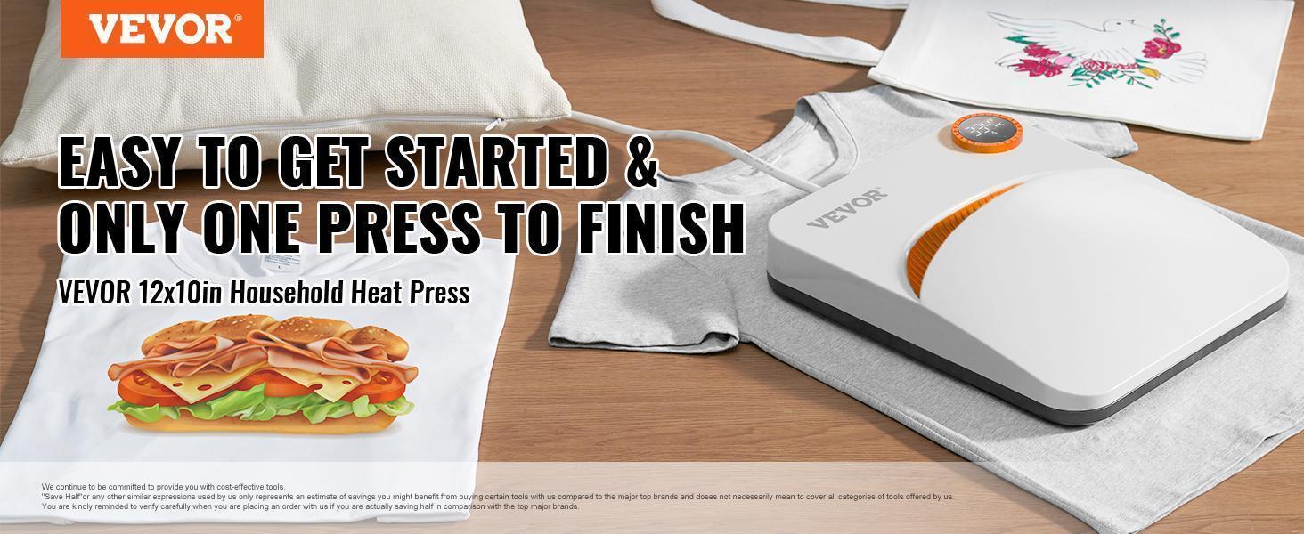 VEVOR Heat Press Machine, 10x12inches Portable Shirt Printing Multifunctional Sublimation Transfer Heat Press Machine Teflon Coated, Easy Iron-on Press for T-shirts/Bags/HTV/Pillows Vinyl Projects