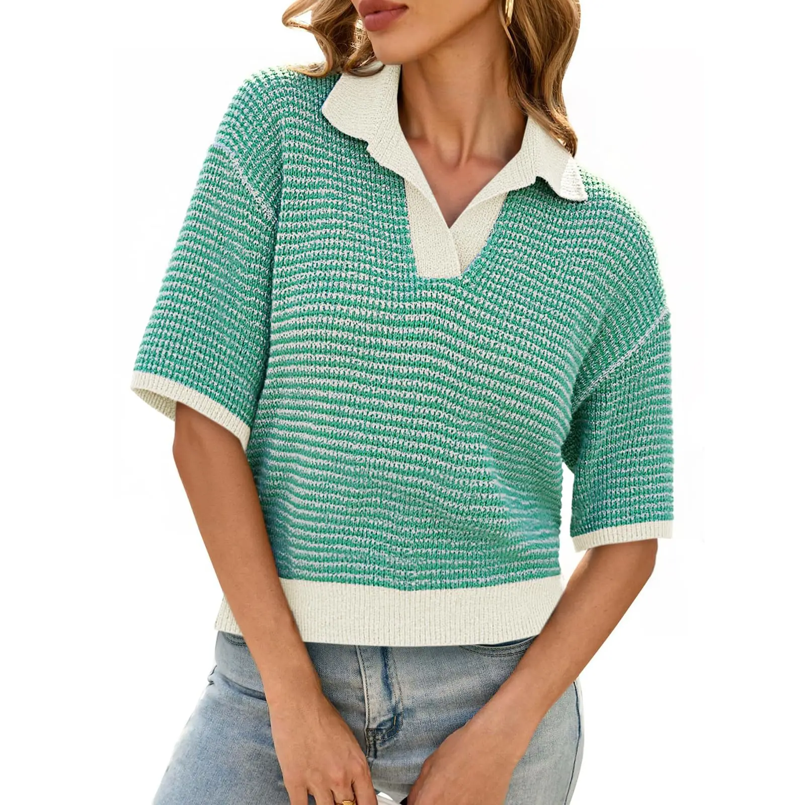 Cicy Bell Women's Striped Cropped Sweaters Tops Color Block Short Sleeve Knit V Neck Fall Casual Pullover Breathable Knitwear Lightweight Soft Knit Fabric