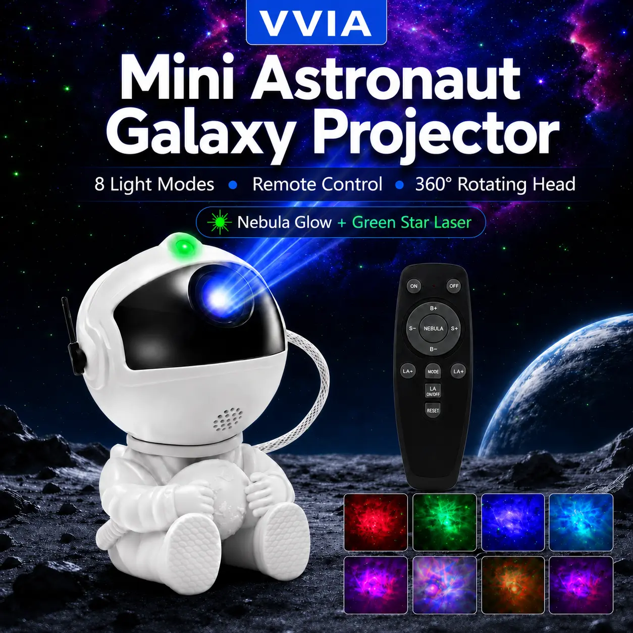 Astronaut Galaxy Projector USB Starry Sky Night Light with Remote Control, 8 Light Modes, 360° Rotating Head, Colorful Nebula & Green Star Laser Lamp for Bedroom, Party Decor, Gaming Room Decor, 8 Projection Modes
