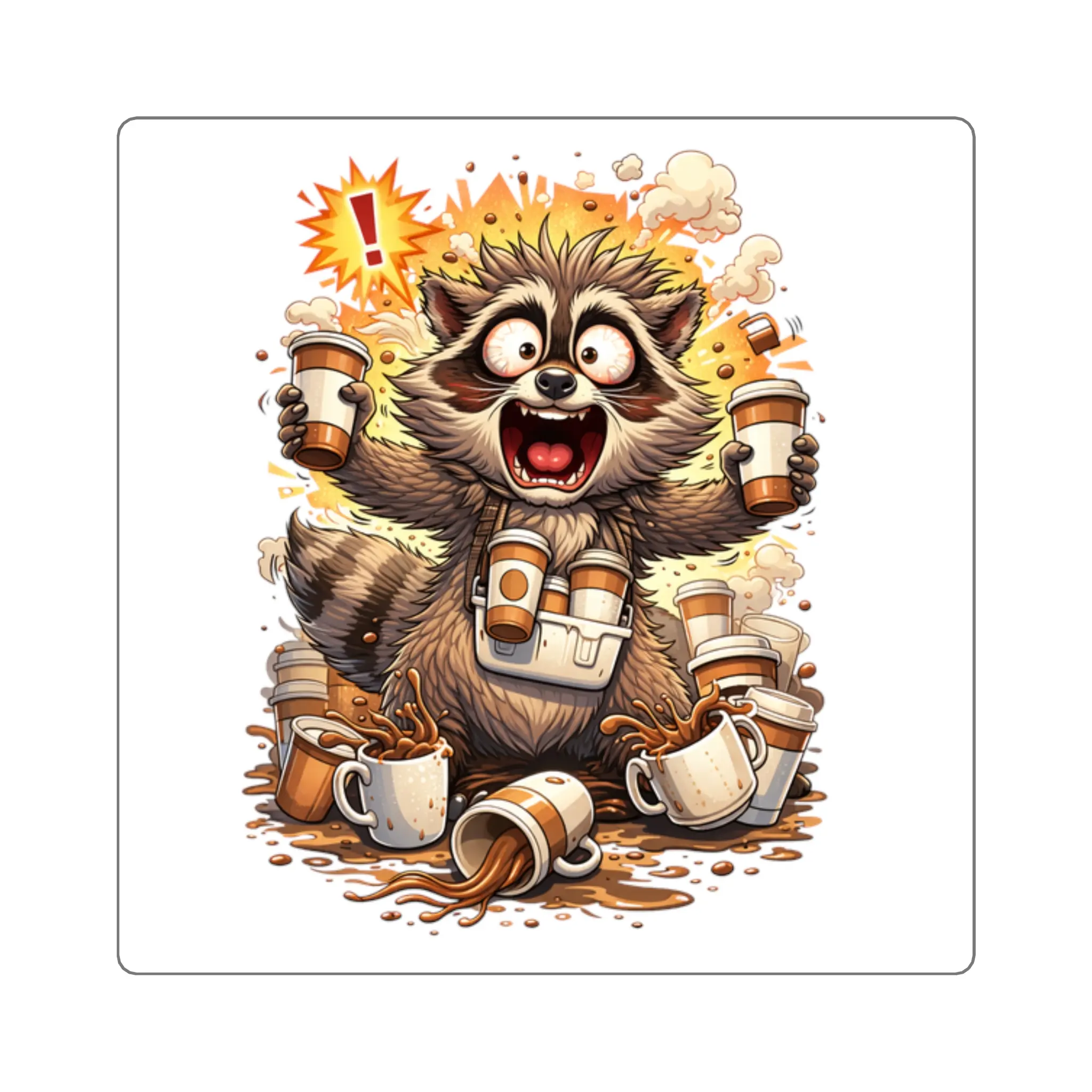 Hyper Caffeinated Raccoon Square Stickers | Coffee Chaos Laptop Decal