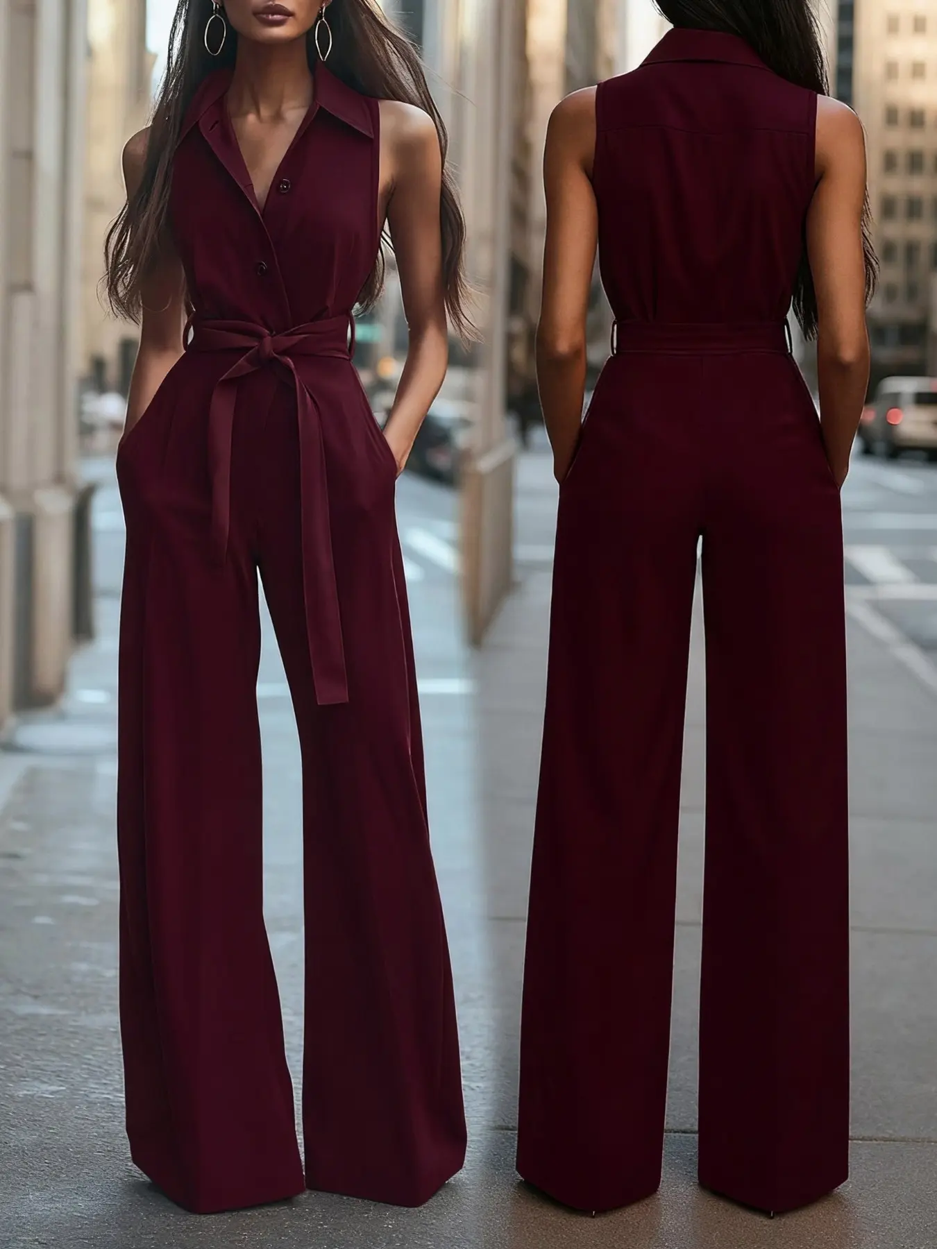 Women's Elegant Minimalist Collared Sleeveless Belted Bow Pocket Wide Leg Jumpsuit, Slim Fitted Plain Long Romper for Work Dating Summer Party Elegant Fashion Jumpsuit Womenswear Elegance Pocketed Jumpsuit Bow Decor Jumpsuit