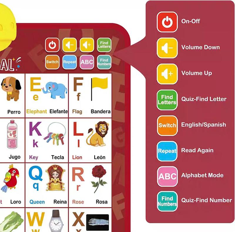 Spanish-English Bilingual 26-Letter Sound Book, Children's Early Education Alphabet and Word Learning Machine, Electronic Educational Digital Device