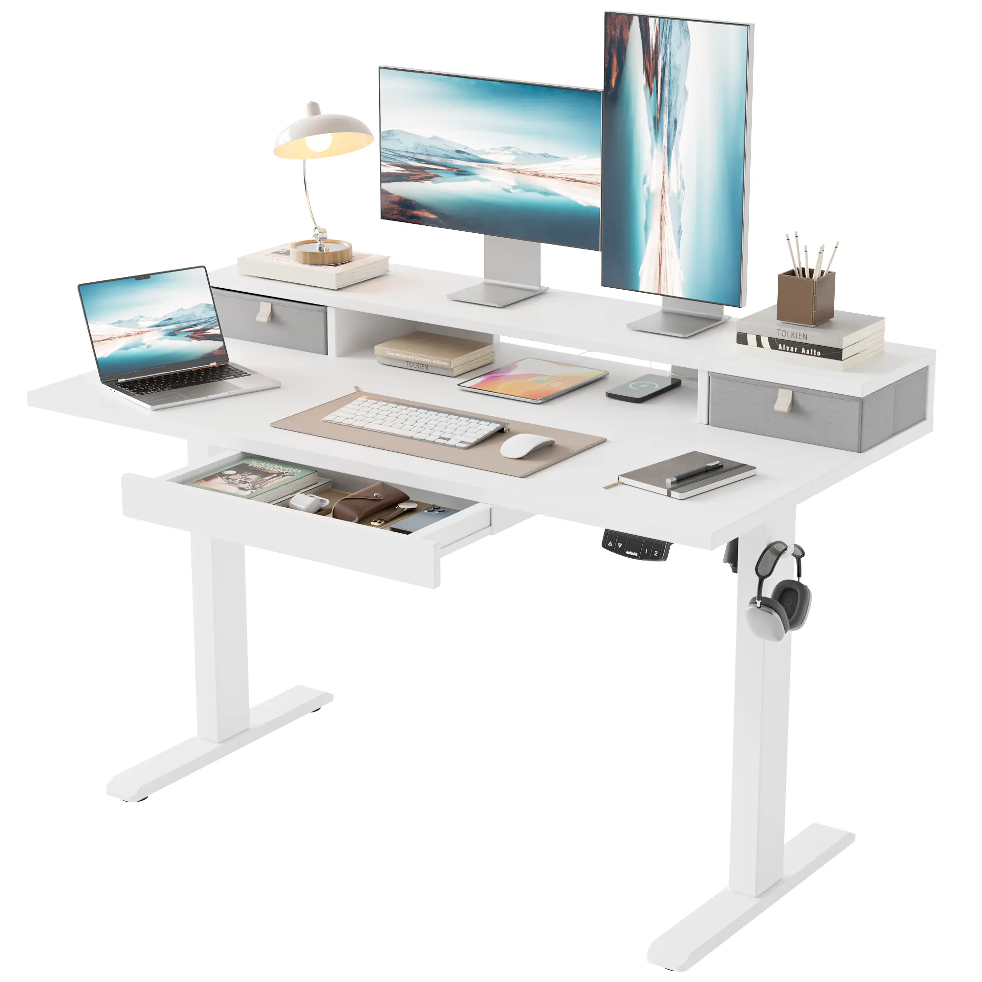 Agilestic Standing Desk with 3 Drawers, Height Adjustable Electric  Sit Stand Up Desk, Computer Workstation with Large Storage Shelf and 2 Hooks,Gaming Desks Gifts for Men and Women,Black/White/Rustic Brown summergarden Dual Monitor Mount
