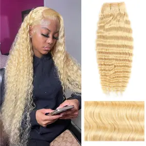 12A 613 Blonde Deep Wave Human Hair Bundles 100% Unprocessed Brazilian Virgin Hair Extensions, Soft Double Weft Weave Curly Deep Wave Bundles Human Hair  glueless wig wigs for beginners  hd frontal wig