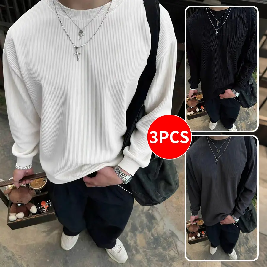 3-pack / 1-pack Men’s old money style vertical ribbed crew neck long sleeve top, loose drop shoulder solid casual style, soft textured fabric, versatile basic everyday pullover long sleeve shirt,clothes for back to school,first day of school outfits