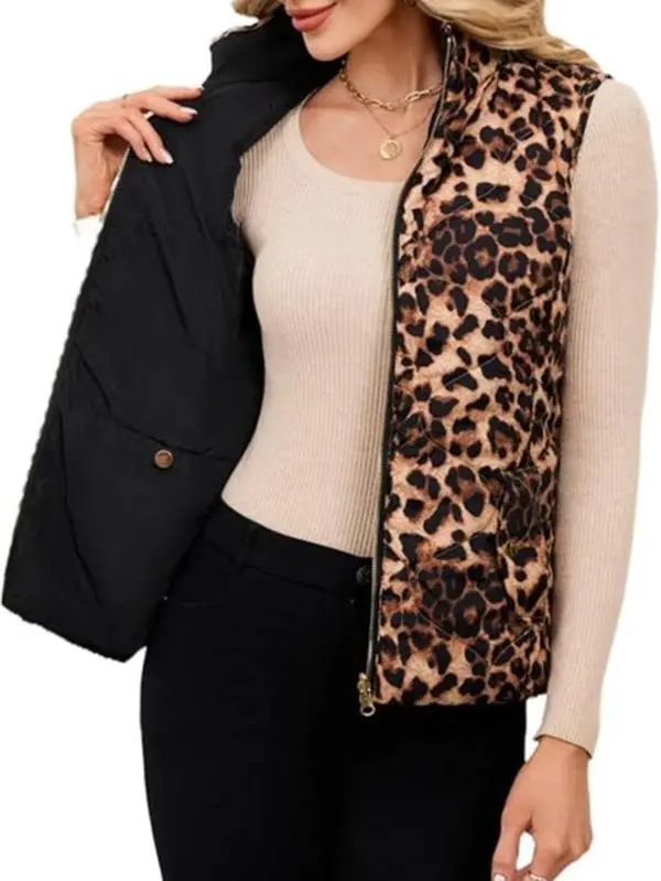 LifeShe Women's Multi-Size Oversized Leopard Quilted Vest - Stand Collar, Zip-Up, Reversible 2-Looks, Soft Cotton Sleeveless Padded Gilet Coat with Pockets
