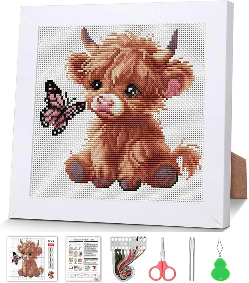 Stamped Cross Stitch Kit for Adults Beginners - Hobbies Kit Adults, Highland Cattle Design, 11CT Partial Cotton Cloth, Colored Thread Cross-Stitch, Wooden Framed Art, 7.9x7.9in Handcrafting Home Decor