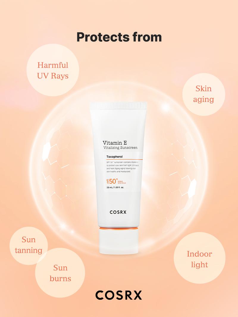COSRX Vitamin E Vitalizing Sunscreen SPF 50+ 50ml - OTC Approved Antioxidant-Rich Korean Sunscreen with No White Cast Tocopherol for Daily Skin Repair