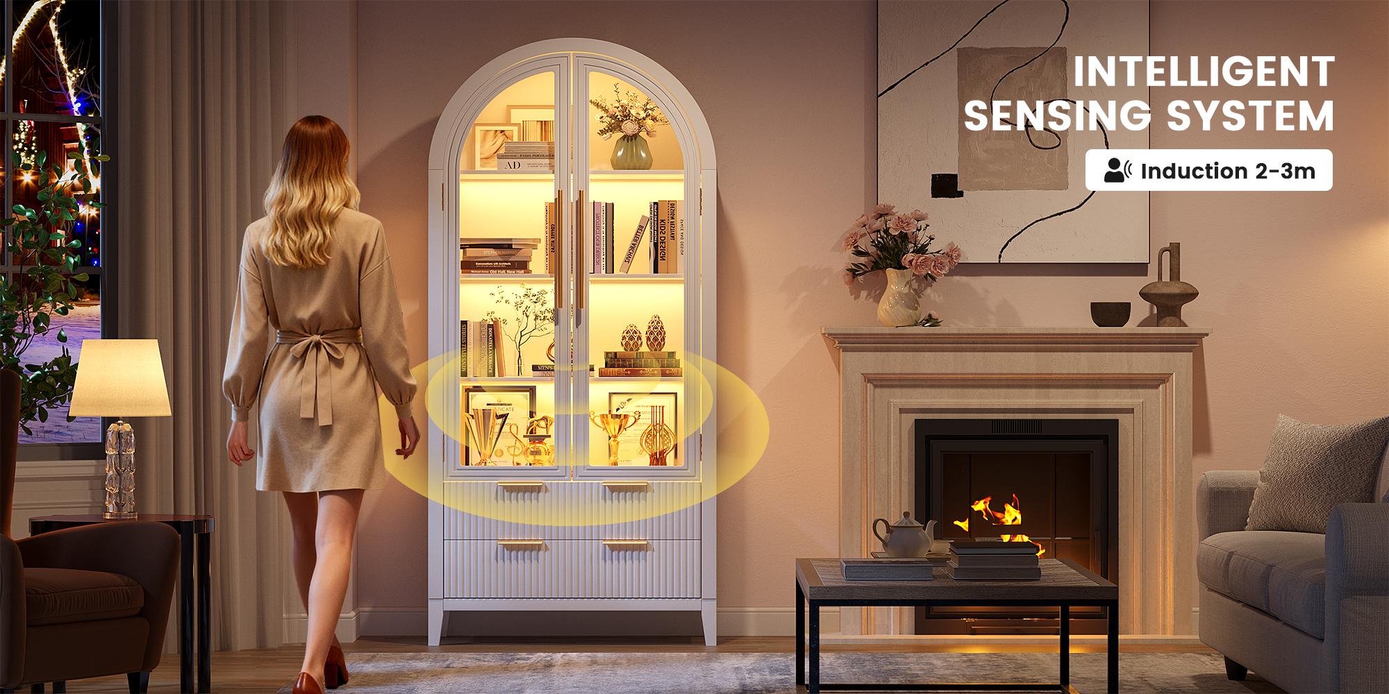 Vlsrka 71" Arched RGB Curio Cabinet with Glass Doors 4-Shelves Tall Display Cabinet and 2 Drawers LED Display Case with 20 Lights for Collectibles Book Medal Figure