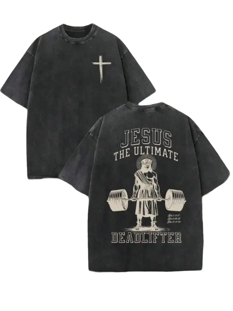 Men'S Vintage Washed T-Shirt The Ultimate Deadlifter Graphic Print - Oversized Streetwear Tee, Faith & Weightlifting Design, All-Season Comfort, Ideal Gift for Gym & Christian Men, Casual Round Neck Loose Fit ( The Ultimate Deadlifte 90s graphic tees vi